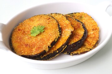 Indian side dish or appetizer  Vangyache Kaap, fried Eggplants, Crispy brinjal fry, Aubergine...