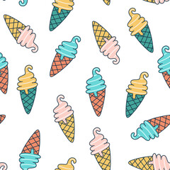 Ice cream seamless pattern. Vector illustration for print on packaging, fabric, textile, wallpaper. Colorful summer background. 