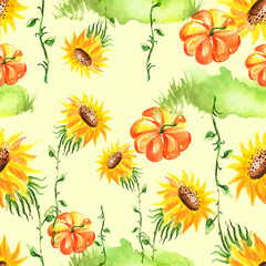 Seamless watercolour sunflowers pattern. Yellow watercolor sunflowers. Autumn plant, berry branch, currant, pumpkin. Sunflower harvest. Sunflower oil. fabric, scarf, material
