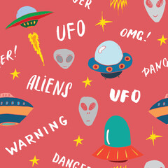 Ufo and aliens Seamless pattern. Cute Doodles space ships sketch. Hand drawn Cartoon Vector illustration