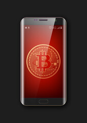 HUD smartphone bitcoin. Phone digital currency money. technology microchip mining worldwide network concept. Web banner golden bitcoin on smartphone background. Physical phone bit coin. Cryptocurrency