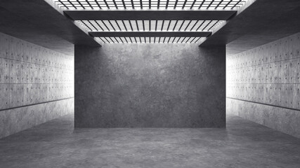 Empty industrial concrete room with lighting, 3D render