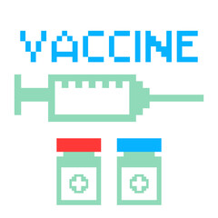 Vaccine with injection syringe for coronavirus.Vector illustration of coronavirus vaccine icons with pixel art style.