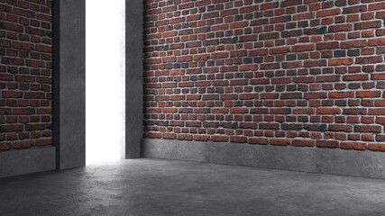 Empty industrial concrete room with brick wall and lighting, 3D render