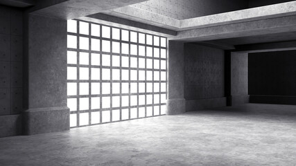 Empty industrial concrete room with lighting, 3D render