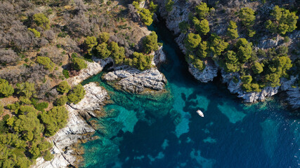 Aerial drone photo of tropical exotic bay with turquoise rocky seascape in Caribbean destination island