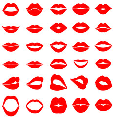 Woman's lip gestures icon vector set. Girl mouths close up expressing different emotions illustration sign collection. Kiss symbol.  - obrazy, fototapety, plakaty