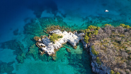 Aerial drone photo of tropical exotic bay with turquoise rocky seascape in Caribbean destination island