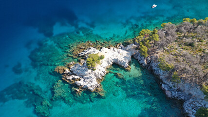 Aerial drone photo of tropical exotic bay with turquoise rocky seascape in Caribbean destination island