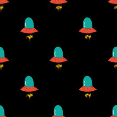 Ufo and aliens Seamless pattern. Cute Doodles space ships sketch. Hand drawn Cartoon Vector illustration