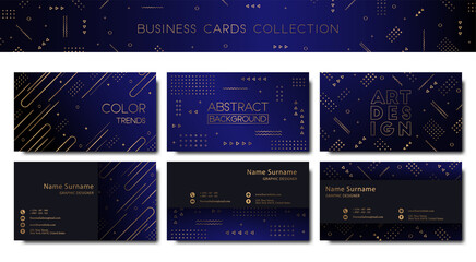Fototapeta na wymiar Vector abstract business cards collection with geometric golden elements on dark blue background