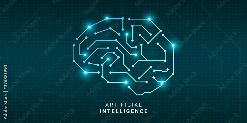 Poster Conceptual Illustration For Artificial Intelligence With Circuit Brain Over Binary Code Background