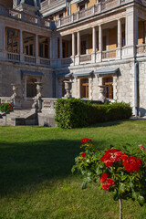 Fragment of the facade of the ancient castle in Massandra (Crimea). There is a rose bush in the foreground