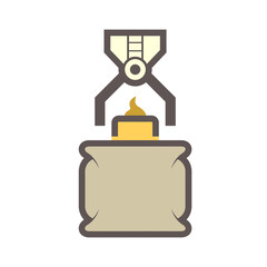 Obraz premium Robot hand put product into bag packaging in food processing production vector icon design on white background.