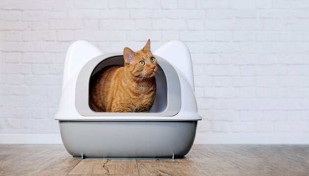 Cute ginger cat sitting in a litter box and looking sideways.	 Panoramic image with copy space.