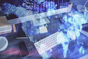 Multi exposure of forex graph and work space with computer. Concept of international online trading.