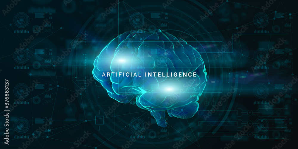 Poster Artificial Intelligence Concept. Glowing Digital Brain Projection Over Abstract Hud Background