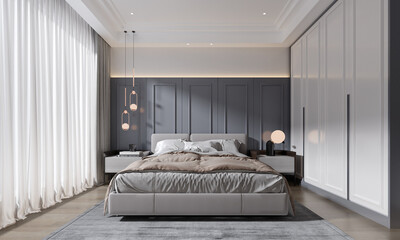 Modern luxury classic bedroom with daylight from large window. 3D illustration