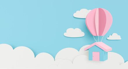 Paper art of pastel house hanging balloon on cloud background.