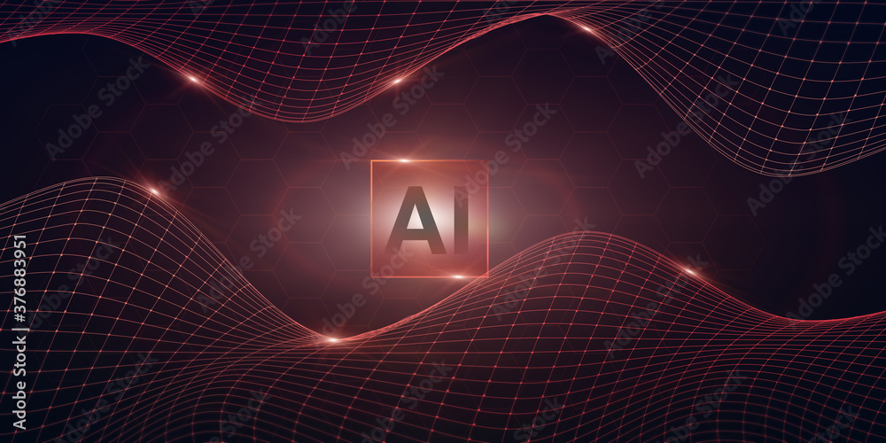 Poster Abstract Digital Background With AI Logo And Wave Mesh Over Hexagon Cells
