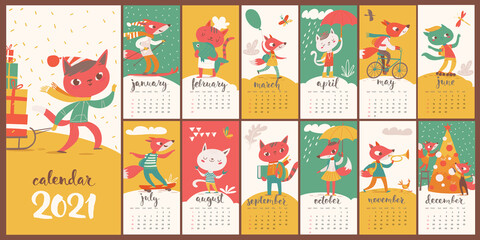 Vector 2021 calendar with funny foxes and cats in flat style