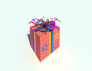 Colorful gift box decoration 3D illustration 1. Isolated box icon wrapped in red and white, decorated with stars and hearts. Collection.