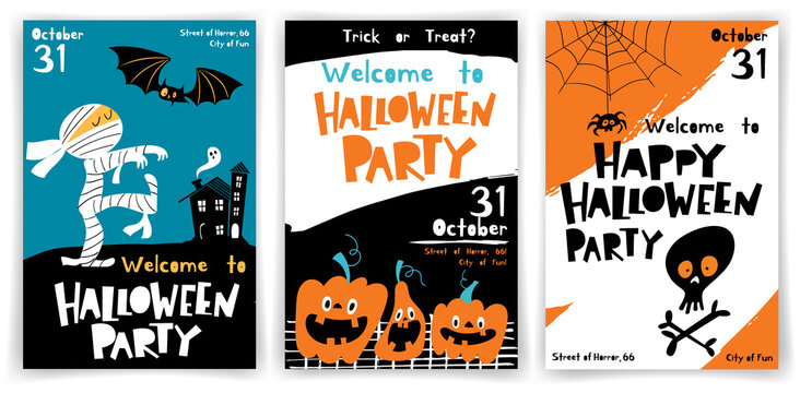 Set of vector Welcome to Halloween party posters in cartoon flat style with cute characters