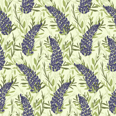 Thick lavender field seamless vector pattern. Painted lavender flower in green field with fresh green leaves on green background. Great for home decor, fabric, wallpaper, stationery, design projects.