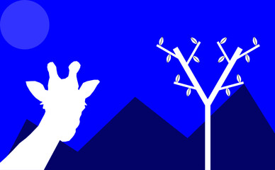 Silhouette of giraffe with a blue night background