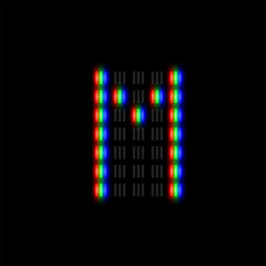 RGB pixel font character with glow, red-green-blue pixels, vector illustration