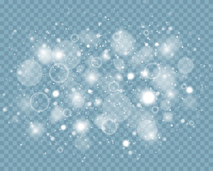 Sparkling magic dust particles. White sparks and stars shine with special light. Christmas abstract pattern. Vector starry cloud with dust  on transparent background. Vector illustration, EPS 10.
