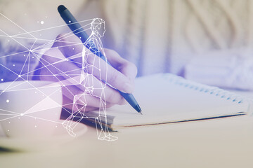 Start up creative drawing over close up hands on background. Concept of brainstorming. Multi...