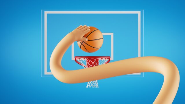 3d render, Basketball lay up. funny cartoon character plays basketball game, long flexible hand throws ball into the basket. Sportive clip art isolated on blue background.