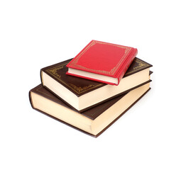 Stack of books in brown and red covers with white sheets isolated on a white background