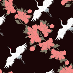 Vector seamless illustration with peonies and cranes birds