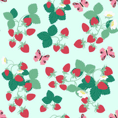 Vector strawberry and butterfly on a blue background seamless pattern.