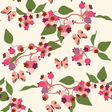 Seamless vector illustration with wild berries and butterflies