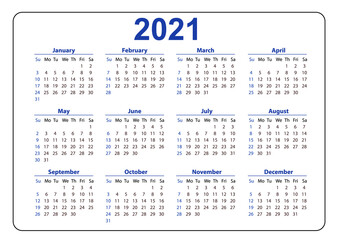 Horizontal blue pocket calendar on 2021 year. Week starts from Sunday. Vector template calendar for business on white background.