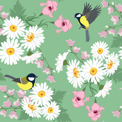 Vector seamless summer illustration with daisies, campanulas and birds