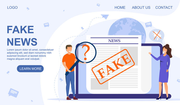 Fake news and fake media concept. Man and woman carefully studing the text of a newspaper article on a laptop screen with a magnifying glass. Flat vector illustration. Web page template