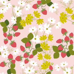 Fototapeta na wymiar Seamless vector summer illustration with flowers cosme and strawberries