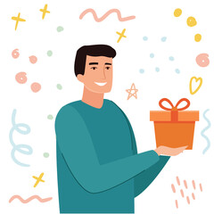Man take gift. Cartoon flat style vector illustration. 