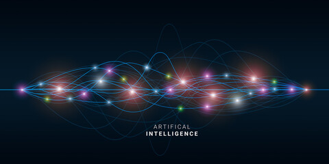 Artificial Intelligence. AI Neural Network Lines, Digital Wave With Gloving Connection Dots