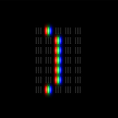 RGB pixel font character with glow, red-green-blue pixels, vector illustration