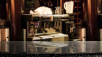 Desk of free space and cafe interior 