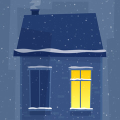 Naklejka premium Windows in night house. Winter town with snow. Flat style vector. 