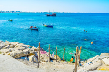 The tiny beach at Promenade des Fatimides, Cape Africa, Mahdia, Tunisia