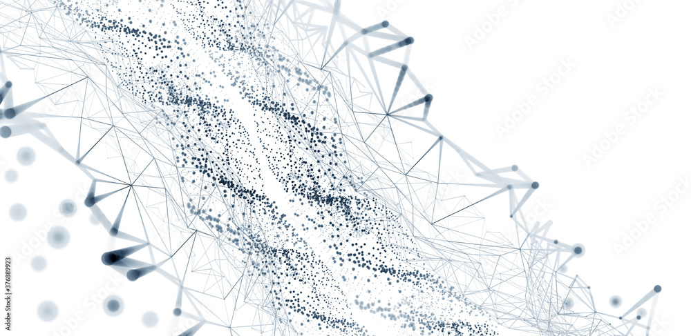 Poster Global network. Blockchain 3D illustration. Neural networks and artificial intelligence. Concept of cyberspace. Abstract technological background with polygon mesh