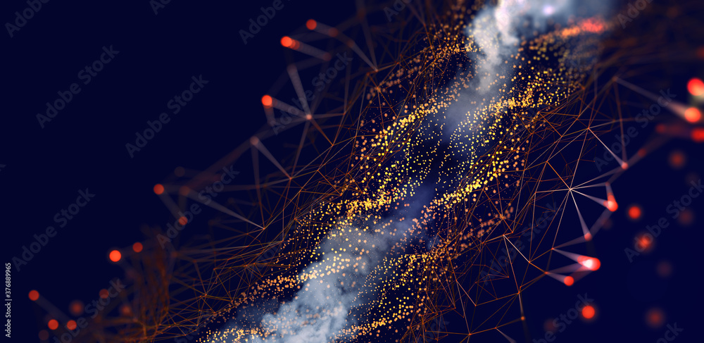 Poster Global network. Blockchain 3D illustration. Neural networks and artificial intelligence. Concept of cyberspace. Abstract technological background with polygon mesh