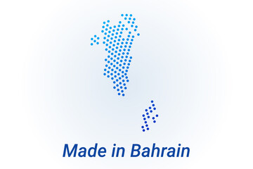 Map icon of Bahrain. Vector logo illustration with text Made in Bahrain. Blue halftone dots background. Round pixels. Modern digital graphic design.